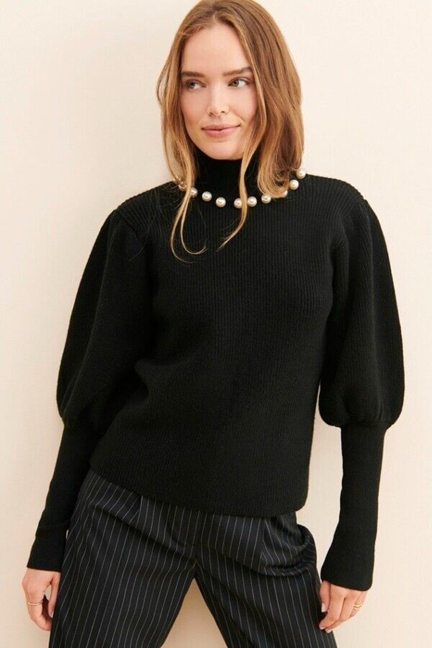 Elliatt Ruth Turtleneck Pearl Neckline Black Knit Sweater Balloon Sleeve S